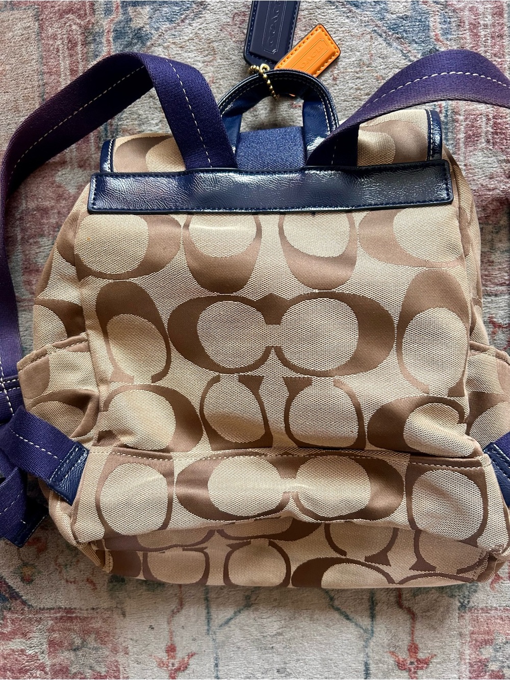 Coach Signature Backpack Gold Hardware Tan w Navy Trim Two Tags Charms Canvas - Picture 8 of 15